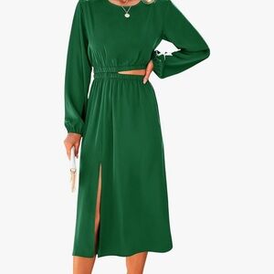 PRETTYGARDEN Green Satin Midi Dress - Long Sleeve, Cut-Out Waist, Size Small